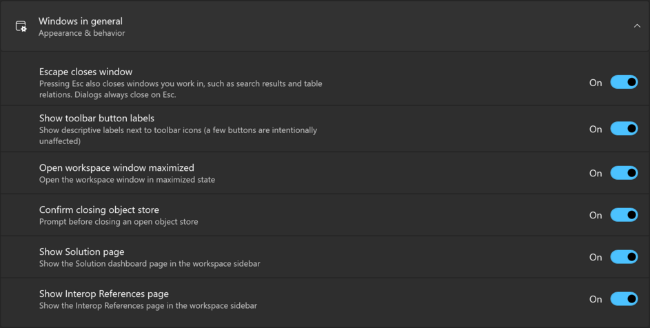 The Windows in general group of the Settings page, expanded