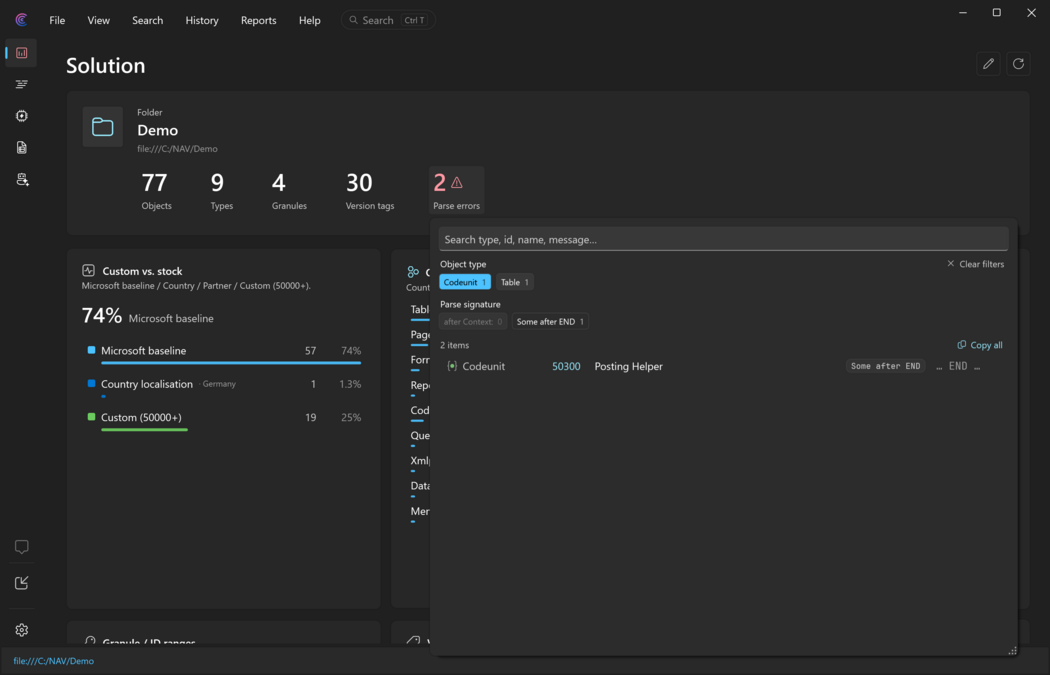 Prism for C/AL drill-down popup listing parse errors with a search box and filter chips