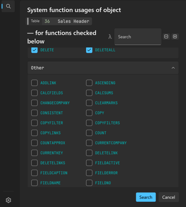 Prism for C/AL System Functions window with DELETE and DELETEALL checked for table Sales Header