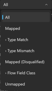 Prism for C/AL Field Transfer Mappings window with the mapping filter list open