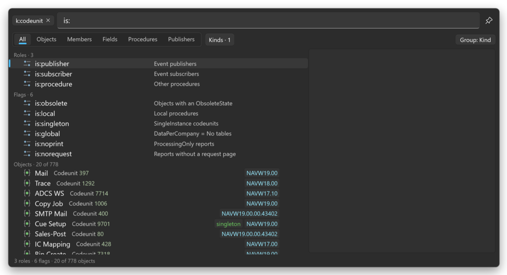 Prism for C/AL Universal Search with a k:codeunit pill and is: typed, listing the Roles and Flags values