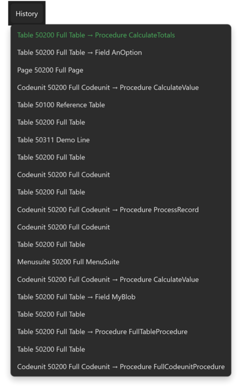 Prism for C/AL workspace window with the History menu open, listing places navigated to