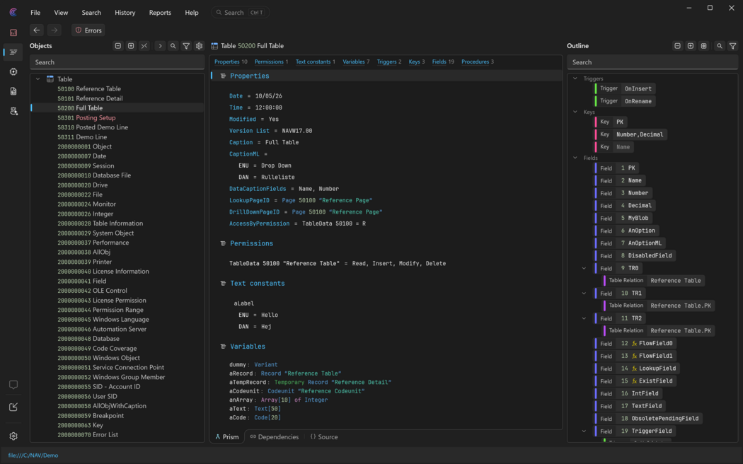 Prism for C/AL workspace window with the menus, the navigation rail, the Objects page and the status bar